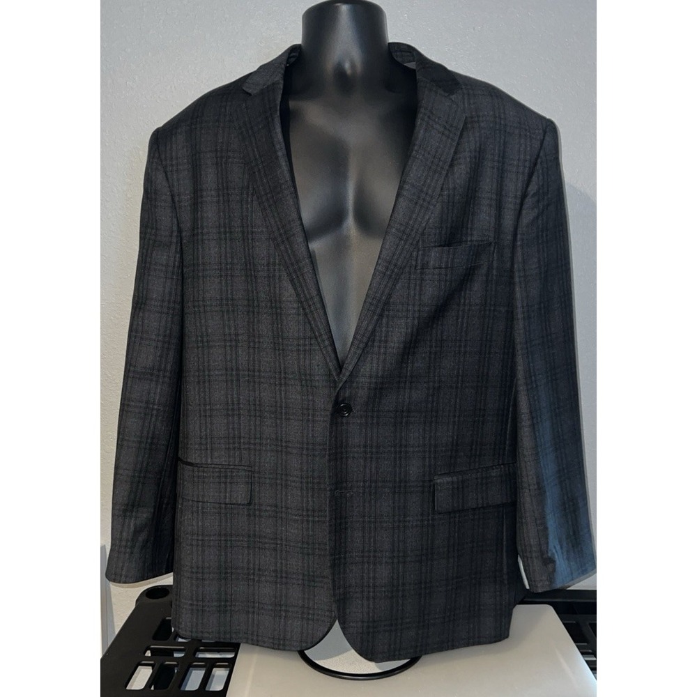 Egara Slim Fit Sport Coat 50R Gray Blue Windowpane Plaid 100% Wool Blazer EUC